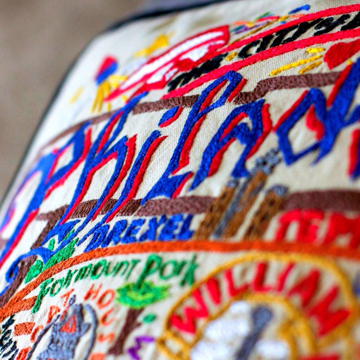 Philadelphia, PA Liberty Bell Embroidered Travel Pillow - close-up detail of hand-embroidered needlepoint stitching
