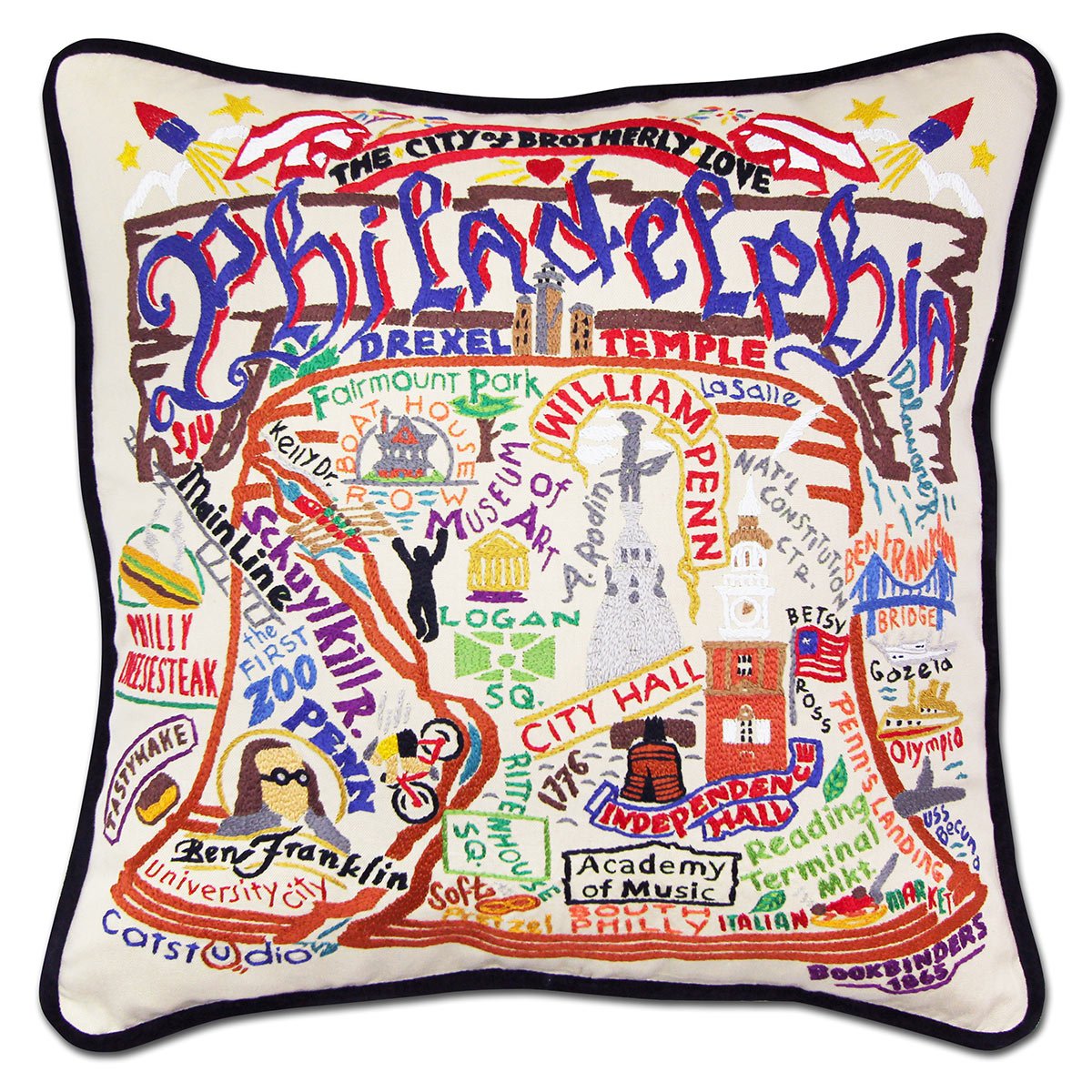 Philadelphia, PA Liberty Bell hand-embroidered throw pillow showcasing iconic landmarks