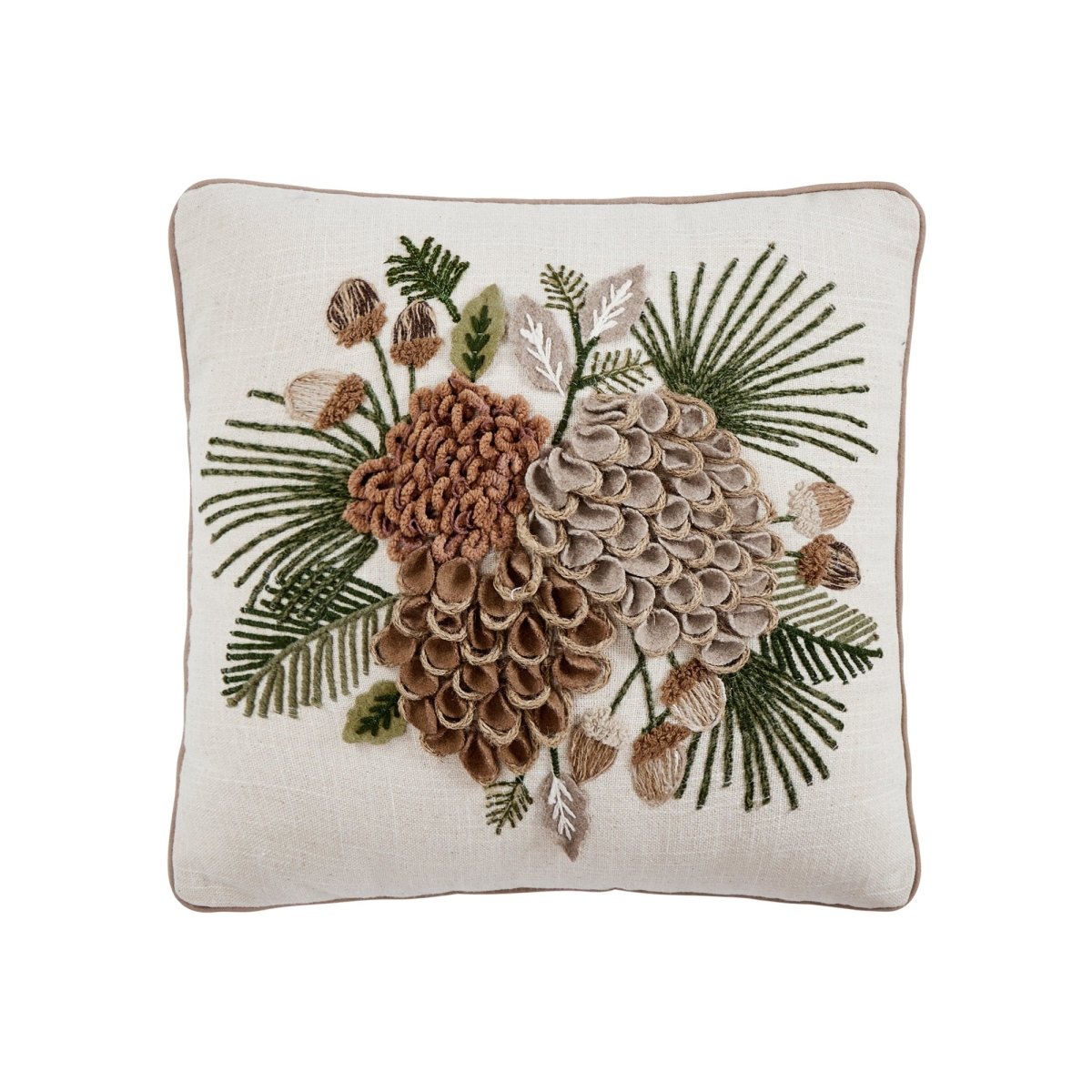 Pine Cluster Embroidered Christmas Throw Pillow, 16x16 inch, front view