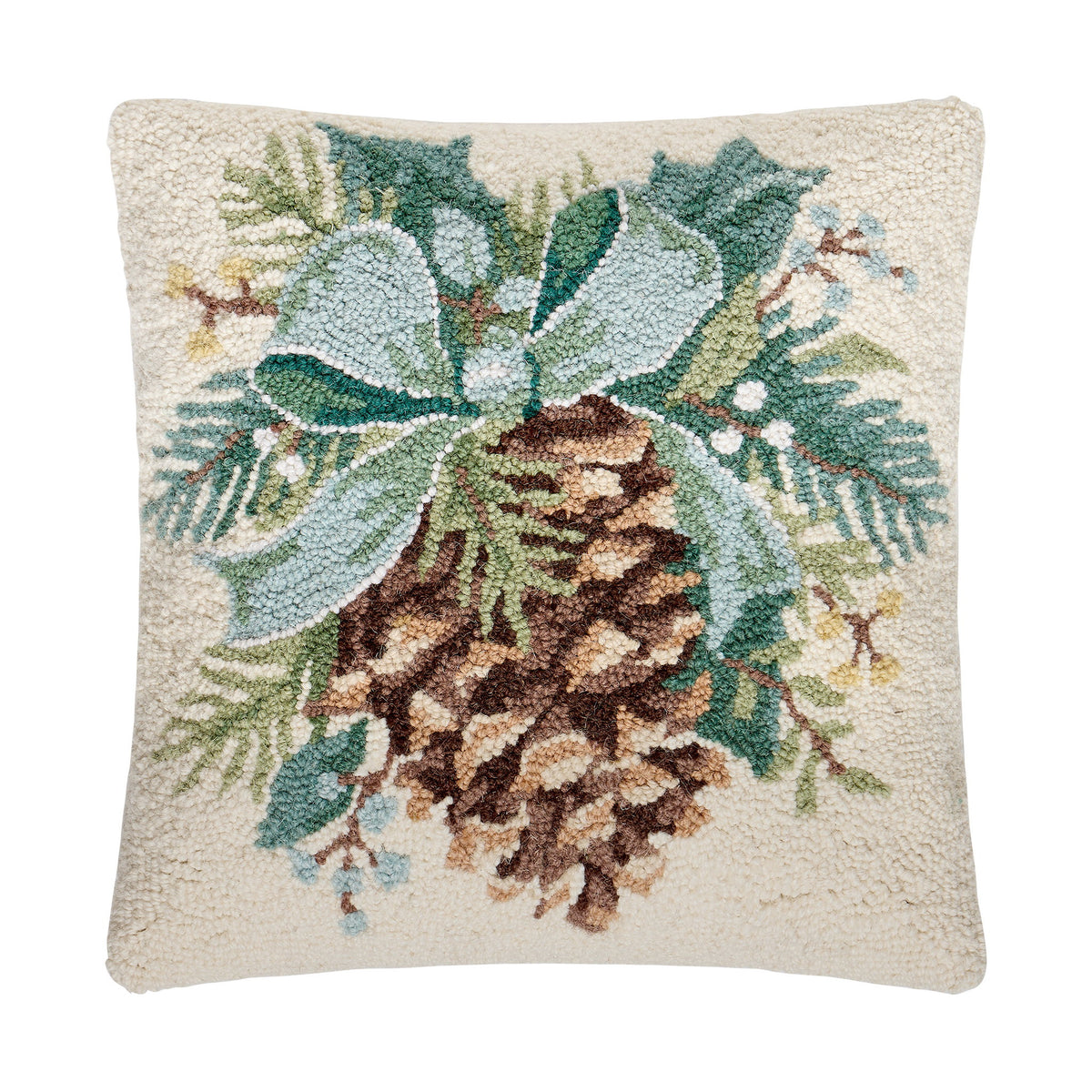 Pine Hooked Wool Christmas Throw Pillow, 16x16 inch, front view