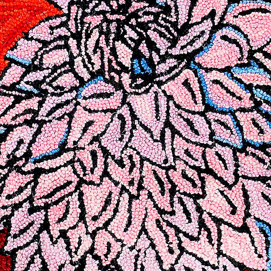 Hand-stitched wool detail of Pink Abstract Botanical Wool Hooked needlepoint pillow showing intricate weave pattern and texture