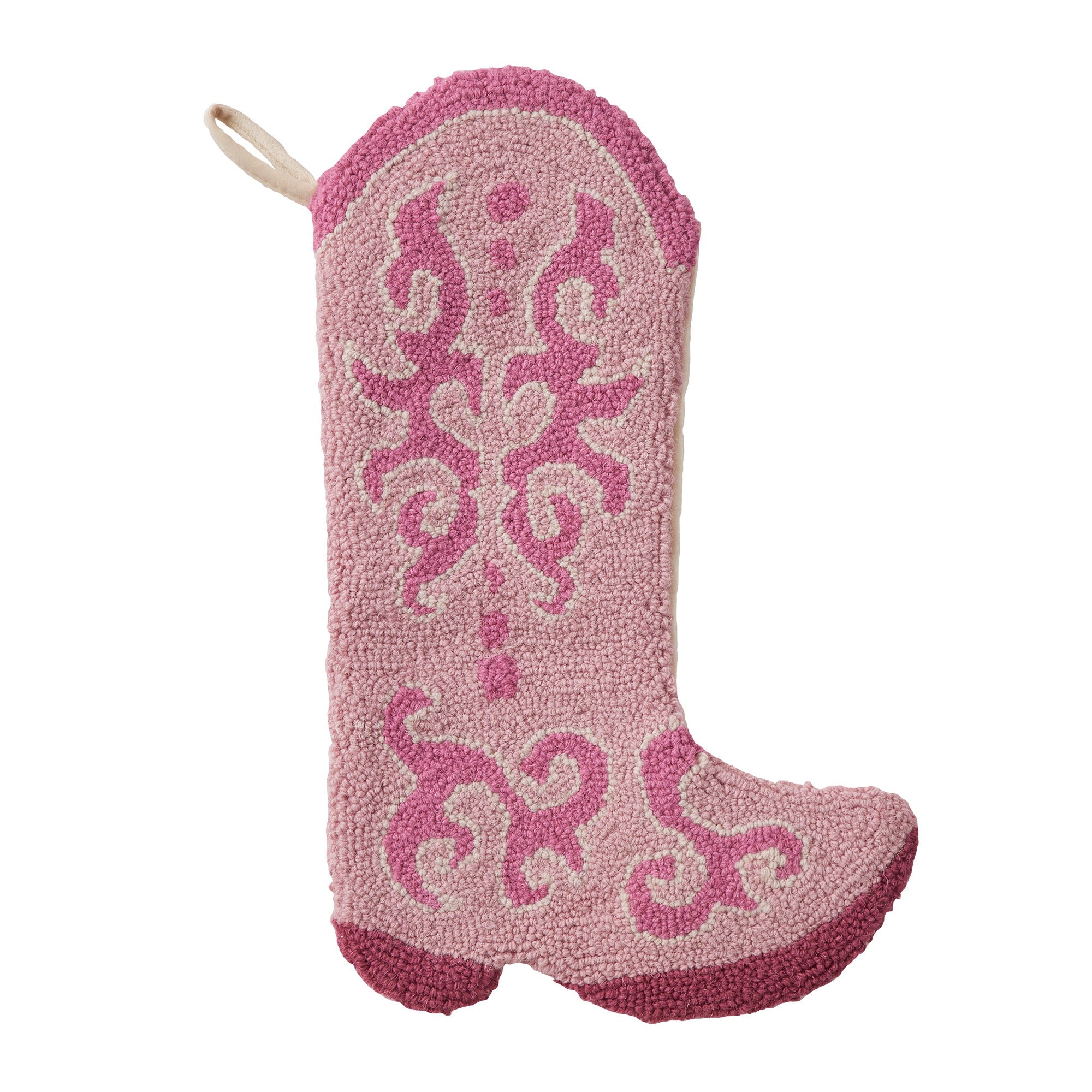 Pink Cowboy Boot Hooked Wool Christmas Stocking, 12x20 inch, front view