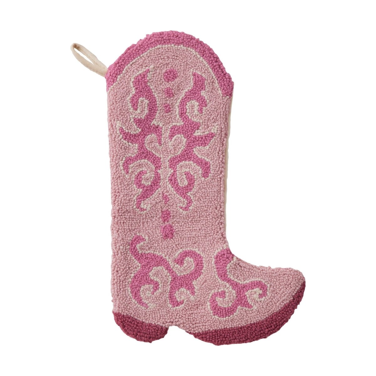 Pink Cowboy Boot Hooked Wool Christmas Stocking, 12x20 inch, front view