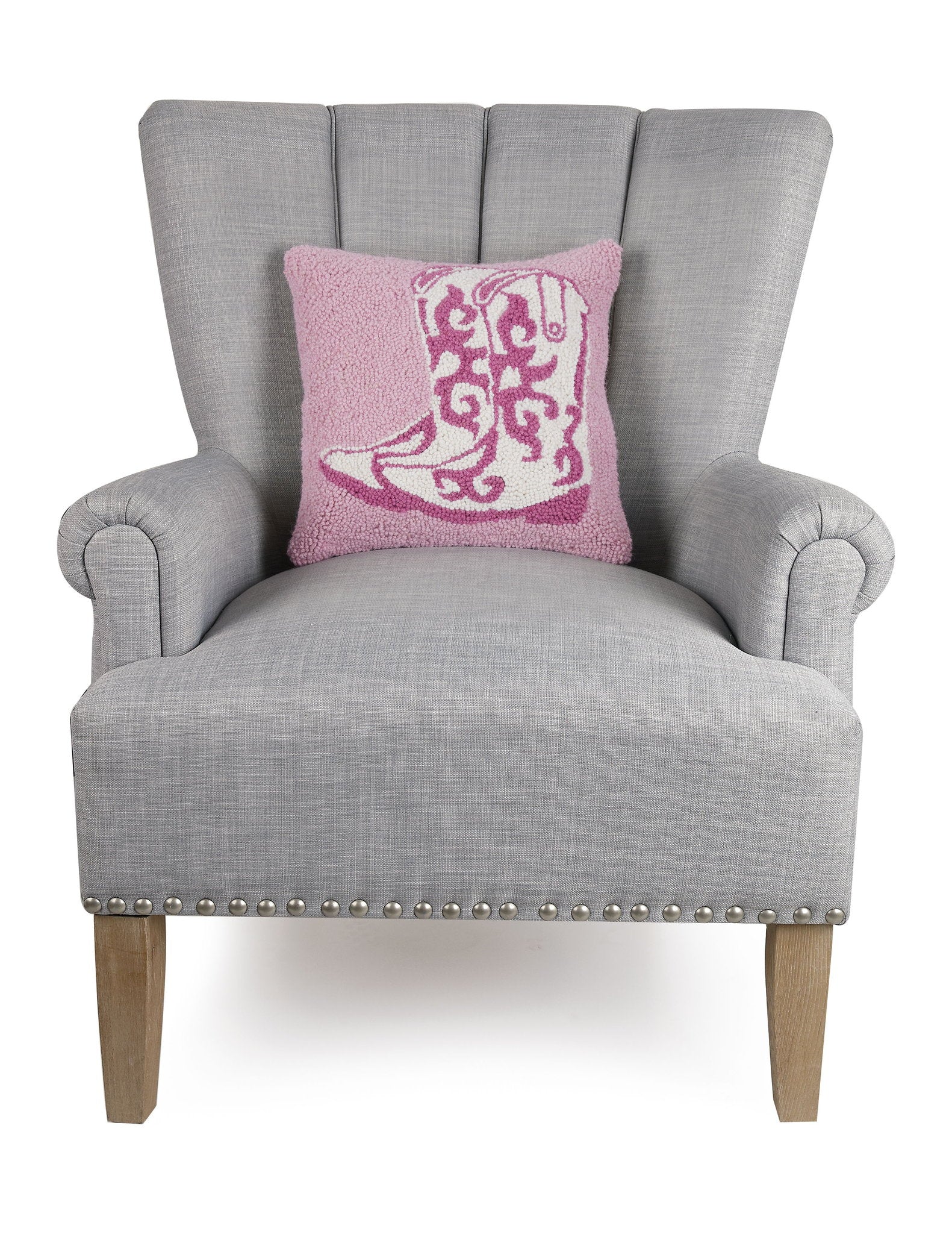Pink Cowboy Boots Hooked Wool Throw Pillow on an armchair, showing the throw pillow at room scale, 14x14 inch