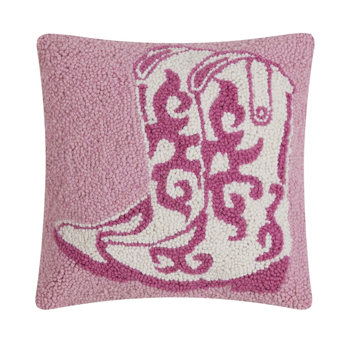Pink Cowboy Boots Hooked Wool Throw Pillow, 14x14 inch, front view