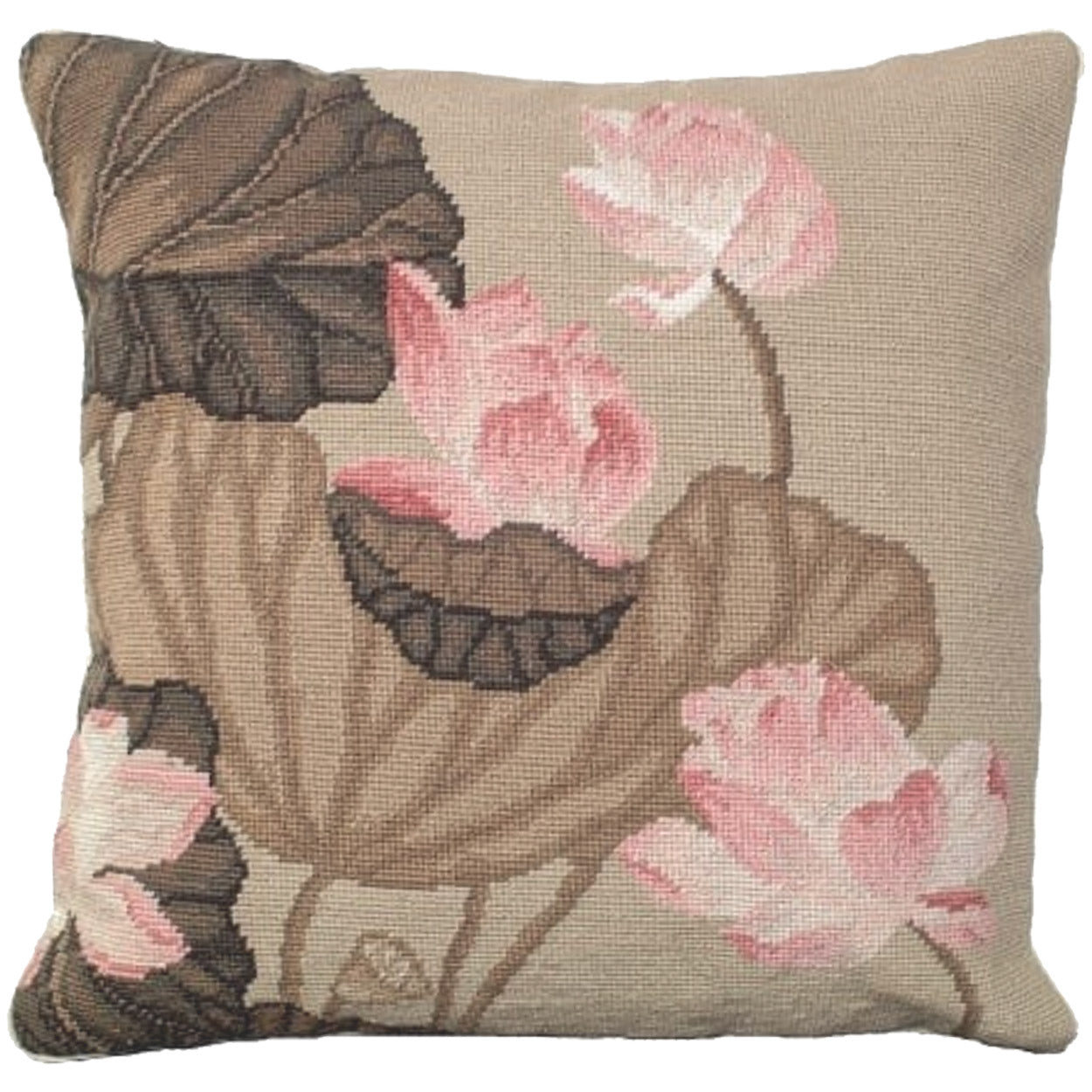 Pink Fall Lotus Flower needlepoint throw pillow with botanical floral design