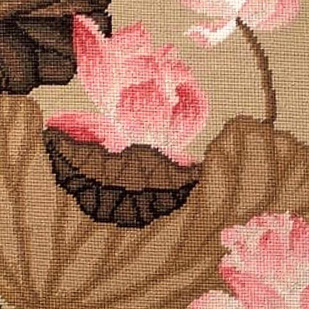 Closeup of Pink Fall Lotus Leaf Floral needlepoint throw pillow highlighting hand-stitched wool craftsmanship and fabric detail
