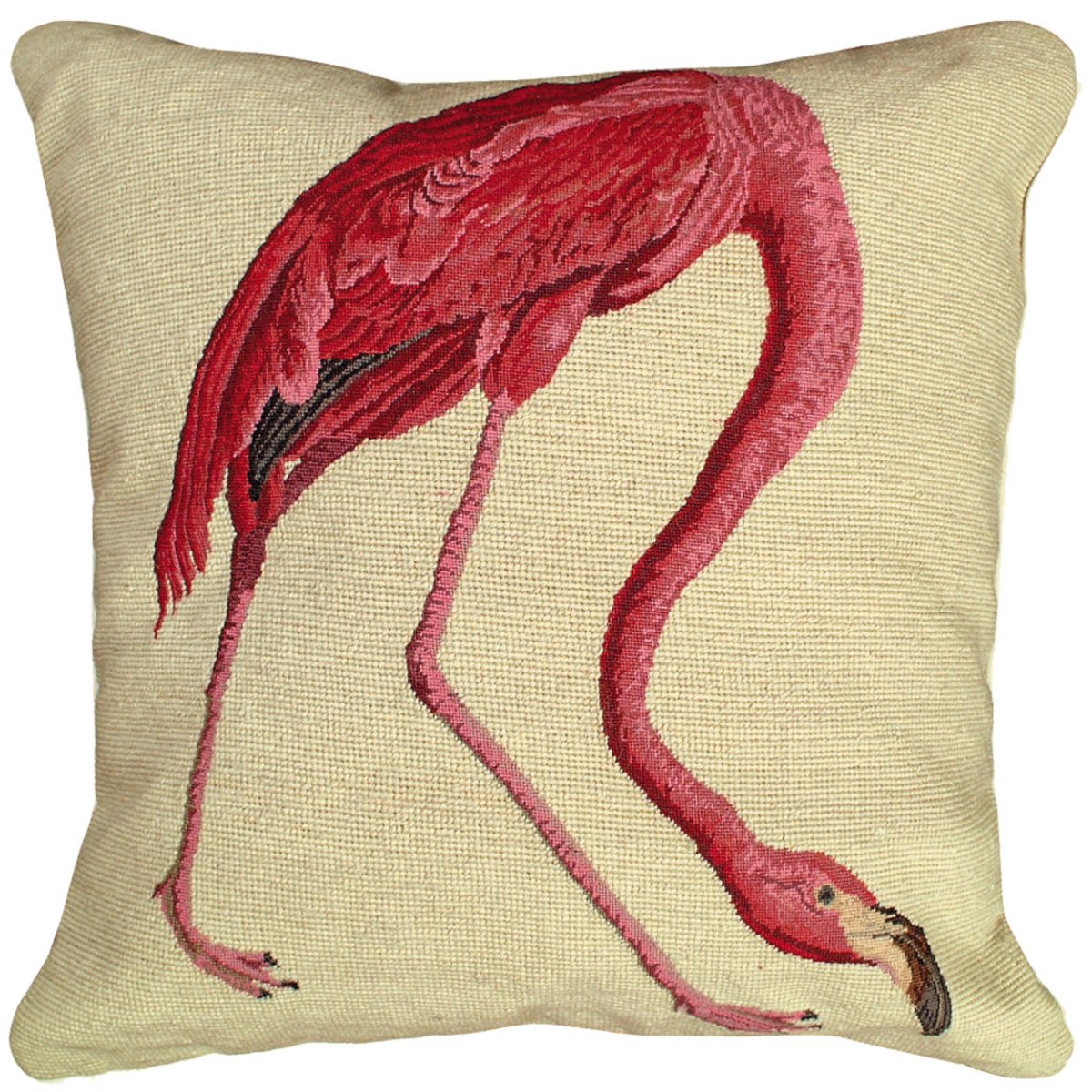Pink Flamingo Audubon needlepoint throw pillow with artisan decorative design