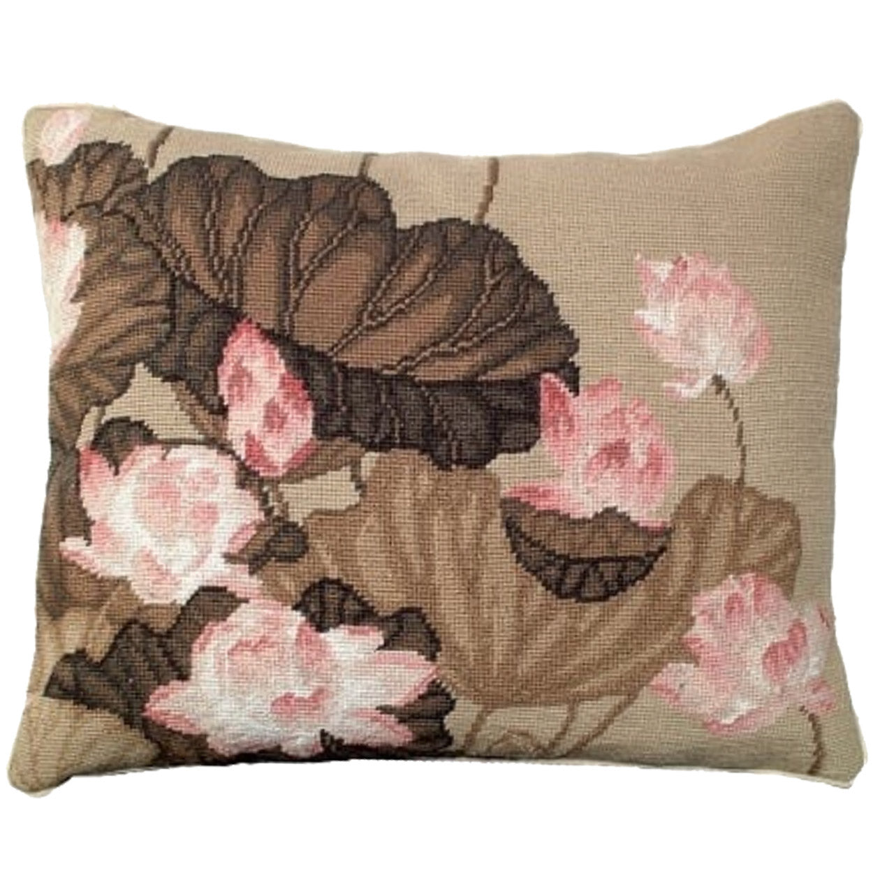 Pink Green Lotus needlepoint throw pillow with botanical floral design