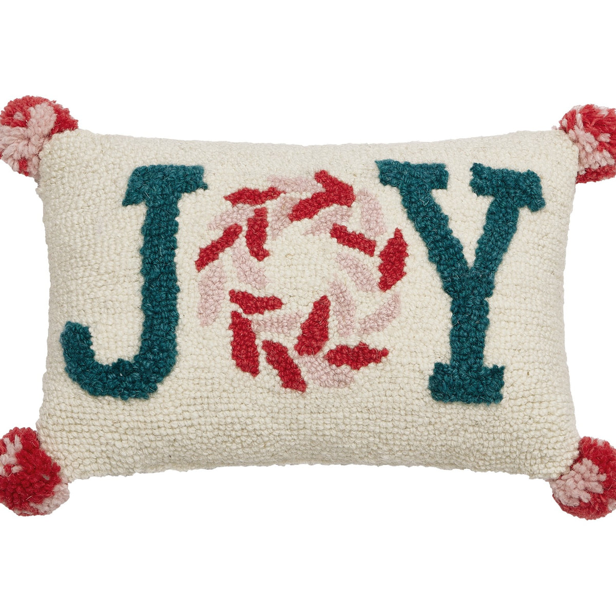 Pink Joy with Pompom Hooked Wool Christmas Throw Pillow, close-up detail