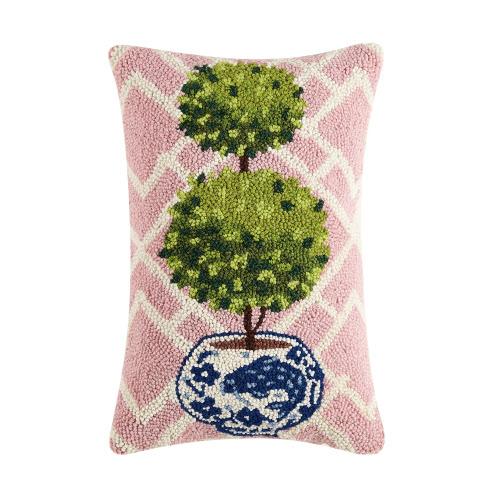 Pink Lattice Ball Topiary Hooked Wool Throw Pillow, 12x18 inch, front view