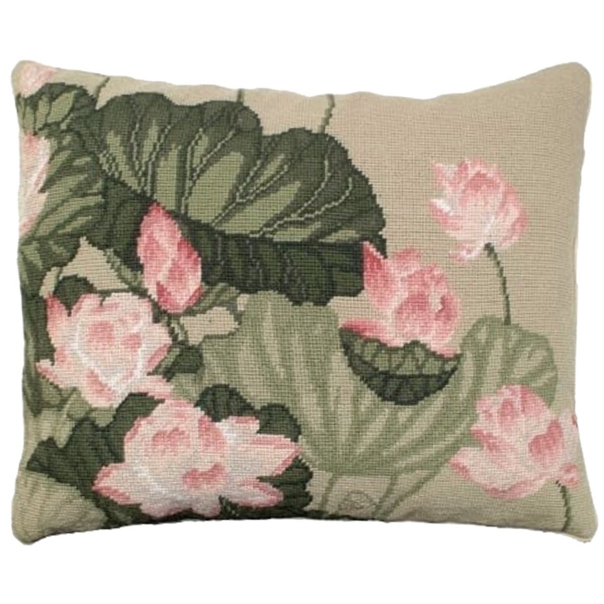 Pink Lotus needlepoint throw pillow with botanical floral design