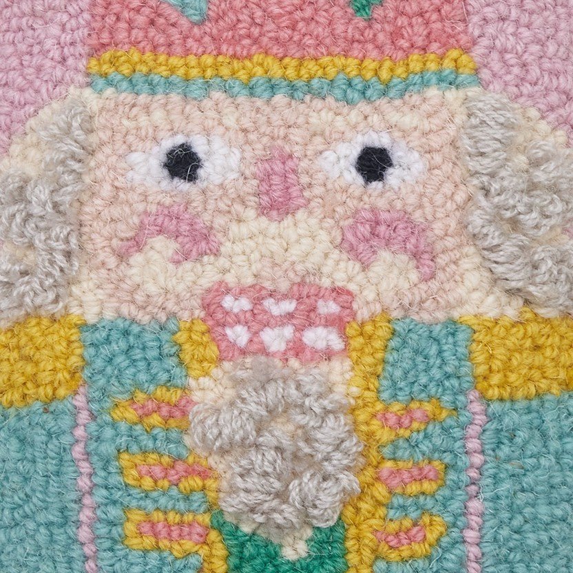 Pink Nutcracker Hooked Wool Christmas Throw Pillow, close-up detail