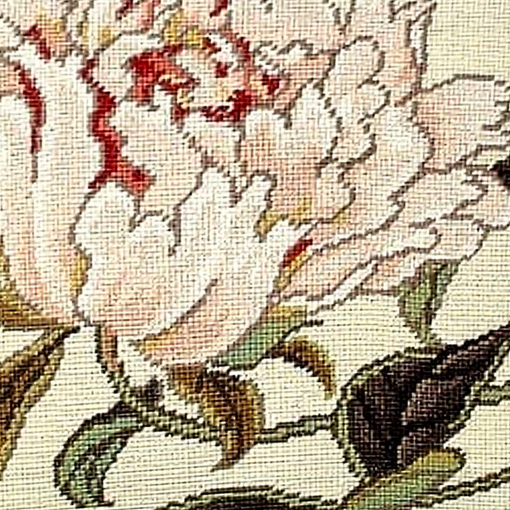 Pink Peonies Botanical pillow fabric closeup showing hand-embroidered needlepoint wool texture and color detail