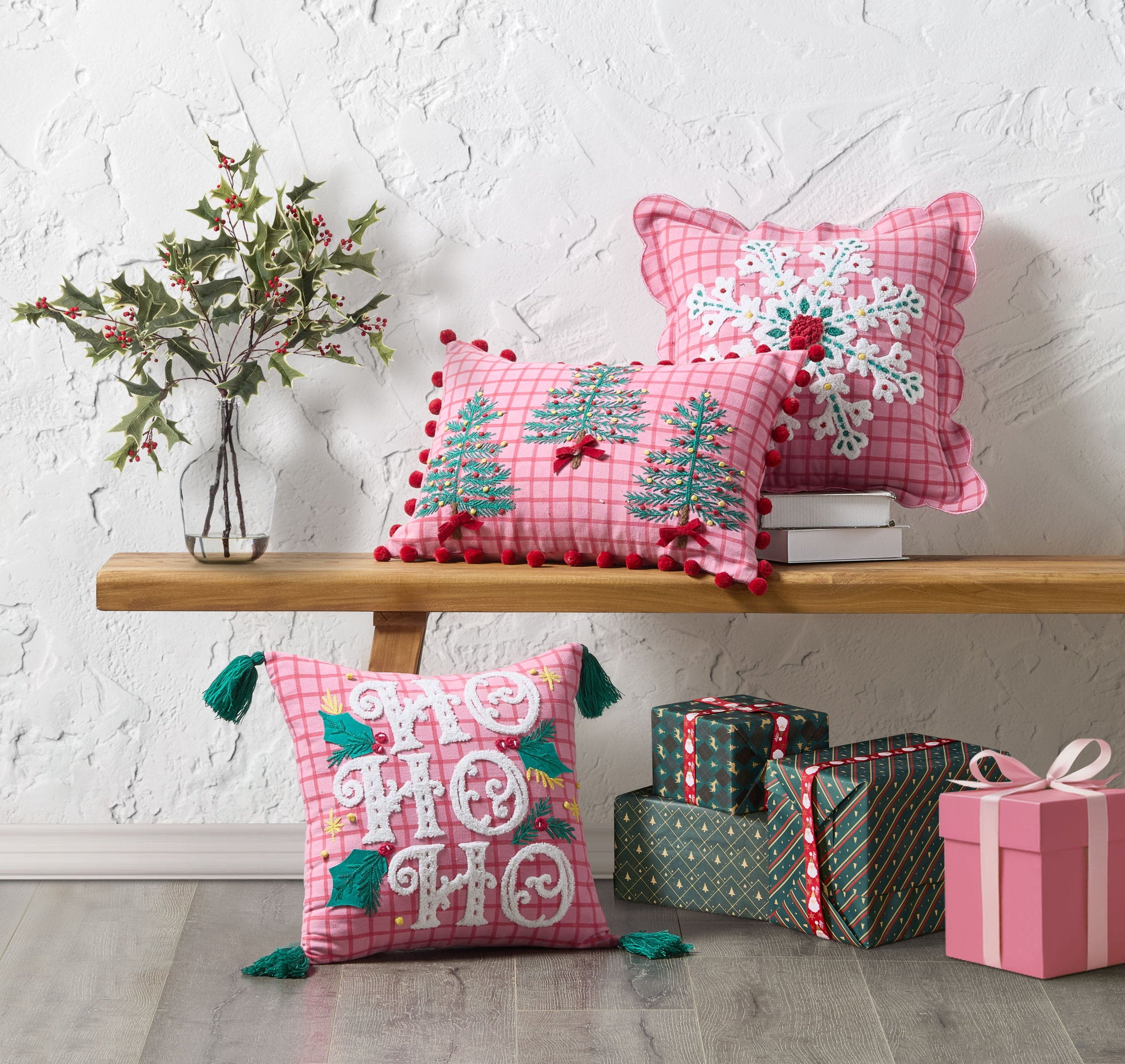 Pink Plaid Snowflake Embroidered Christmas Throw Pillow shown alongside other designs in the same collection, 16x16 inch