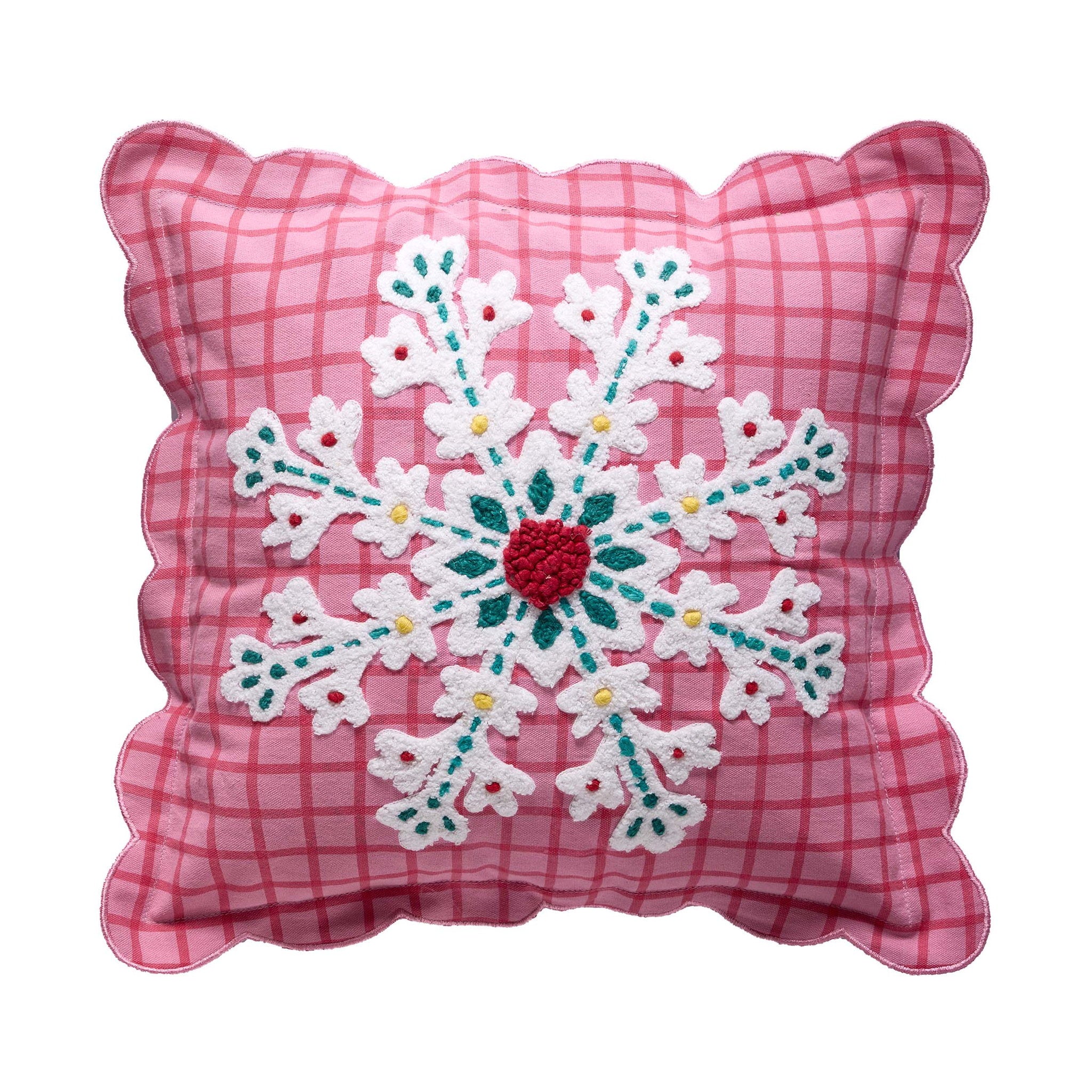 Pink Plaid Snowflake Embroidered Christmas Throw Pillow, 16x16 inch, front view