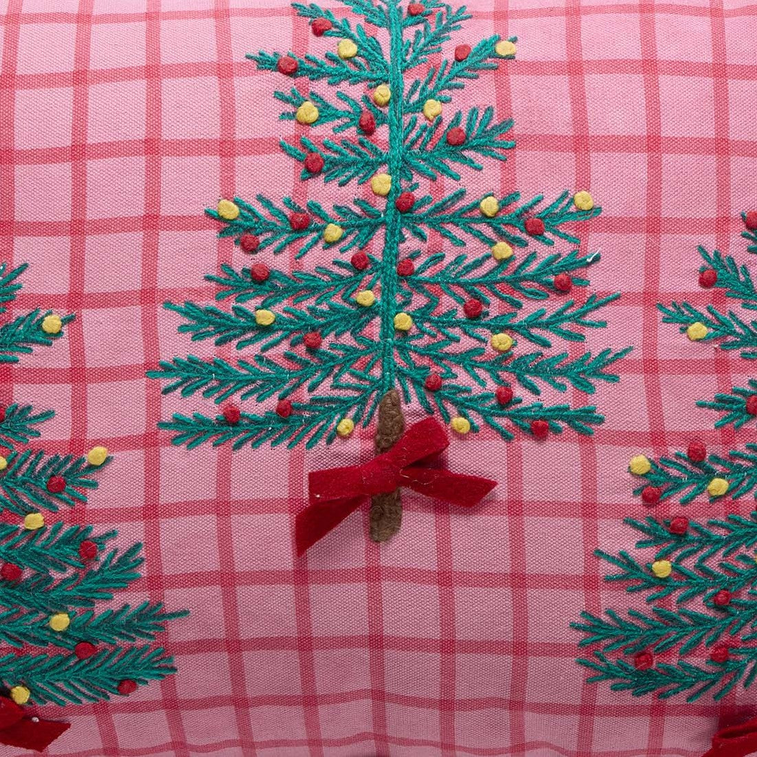 Pink Plaid Trees with Poms Embroidered Christmas Throw Pillow, close-up detail