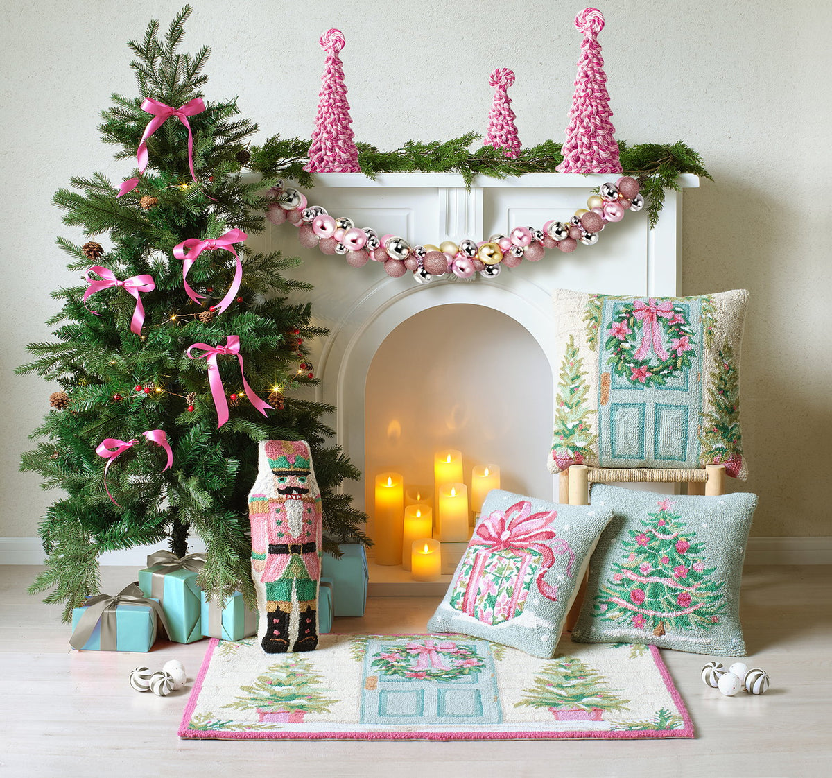 Pink Present Hooked Wool Christmas Throw Pillow shown alongside other designs in the same collection, 16x16 inch