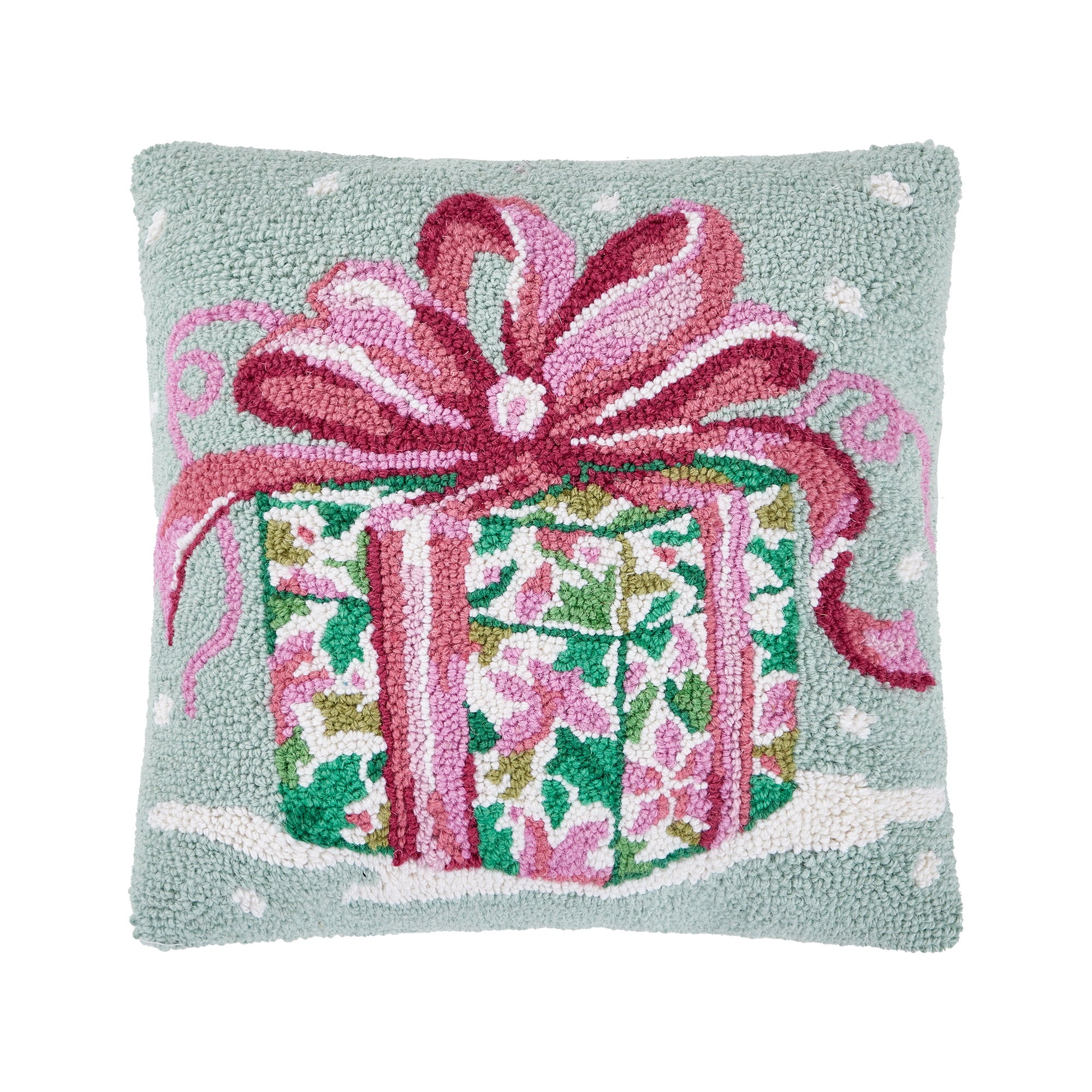 Pink Present Hooked Wool Christmas Throw Pillow, 16x16 inch, front view