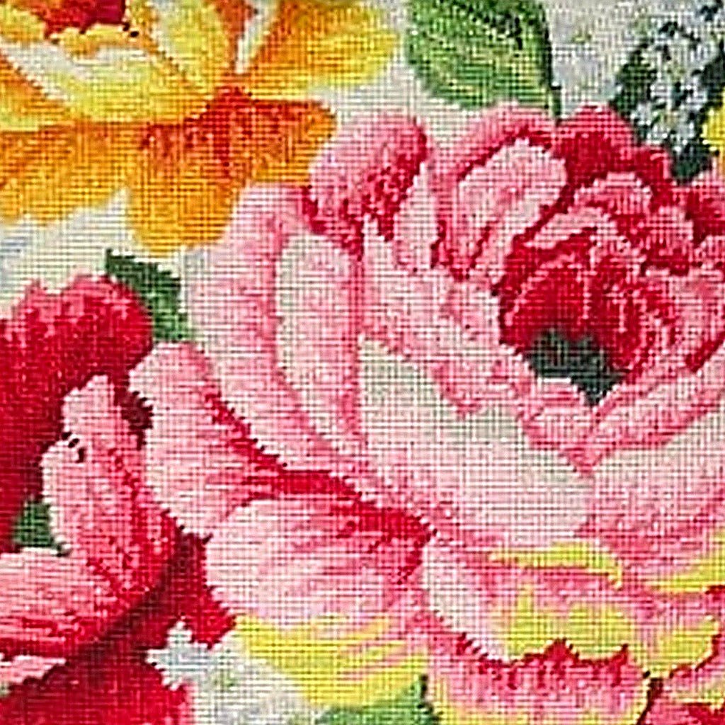 Hand-stitched wool detail of Pink Red Spring Botanical needlepoint pillow showing intricate weave pattern and texture
