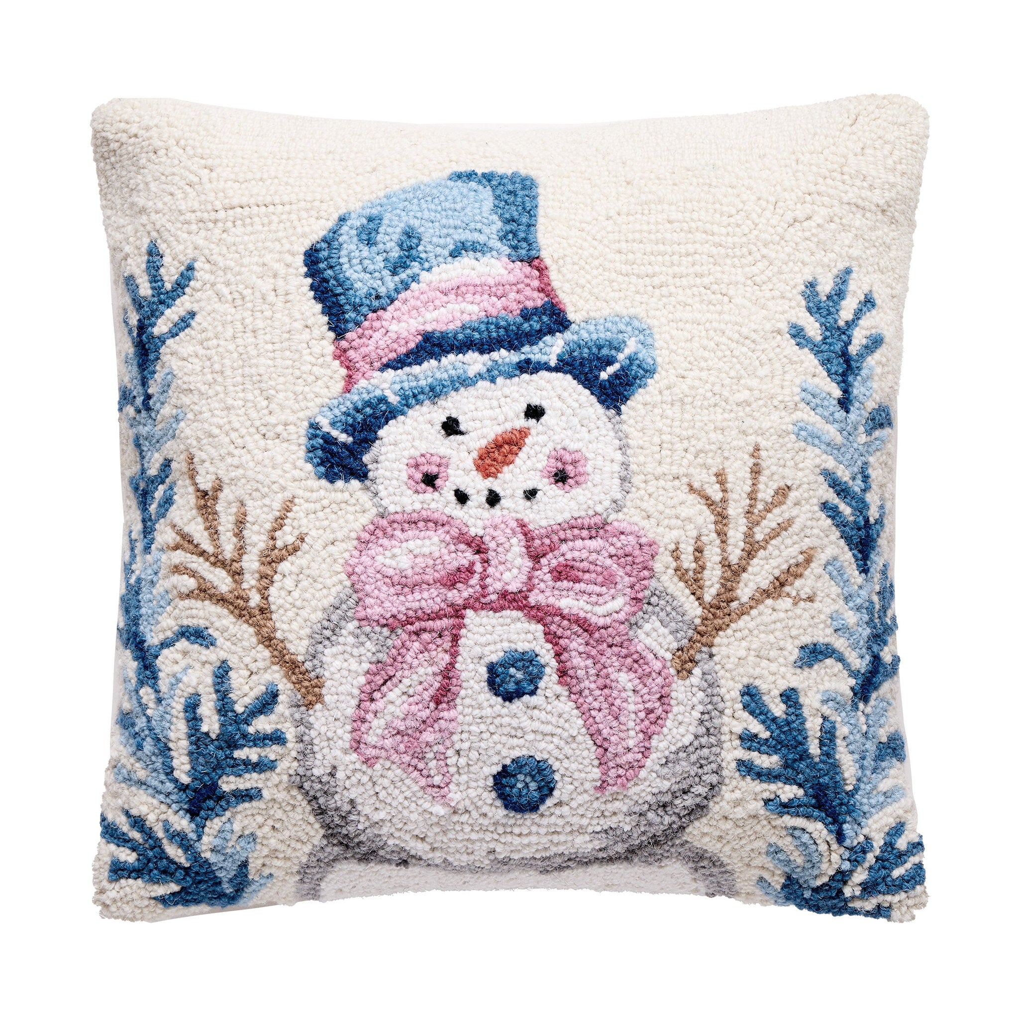 Pink Scarf Snowman Hooked Wool Christmas Throw Pillow, 16x16 inch, front view