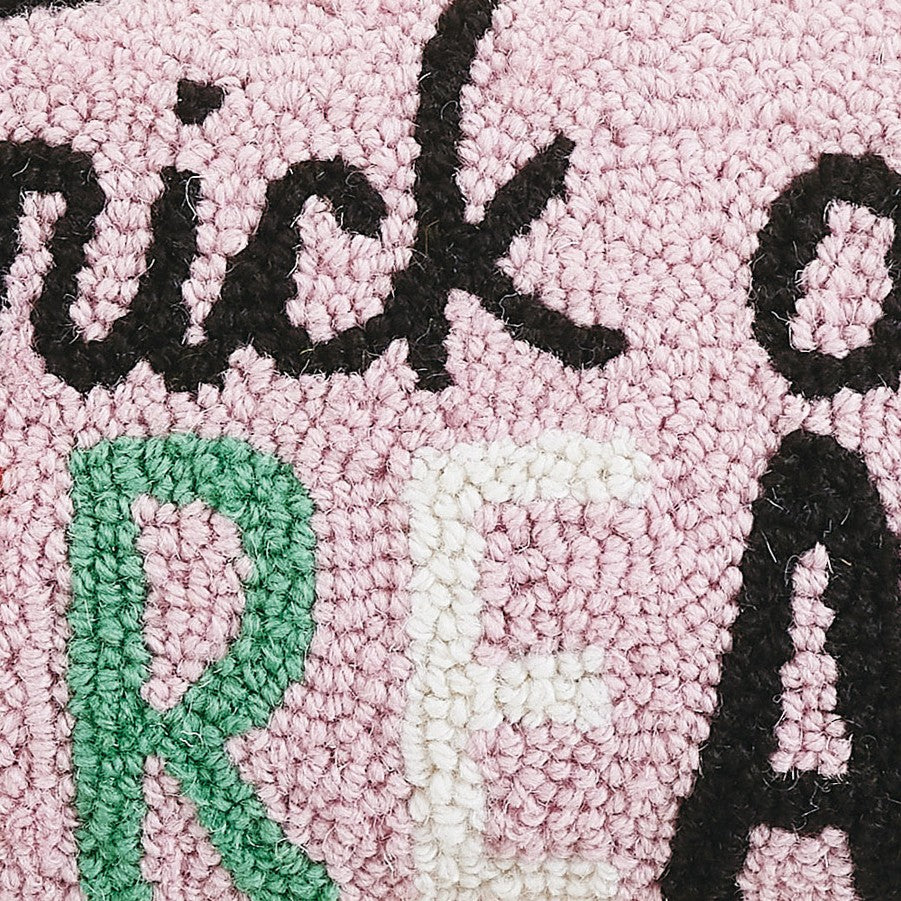 Pink Script Trick or Treat Hooked Wool Halloween Throw Pillow, close-up detail