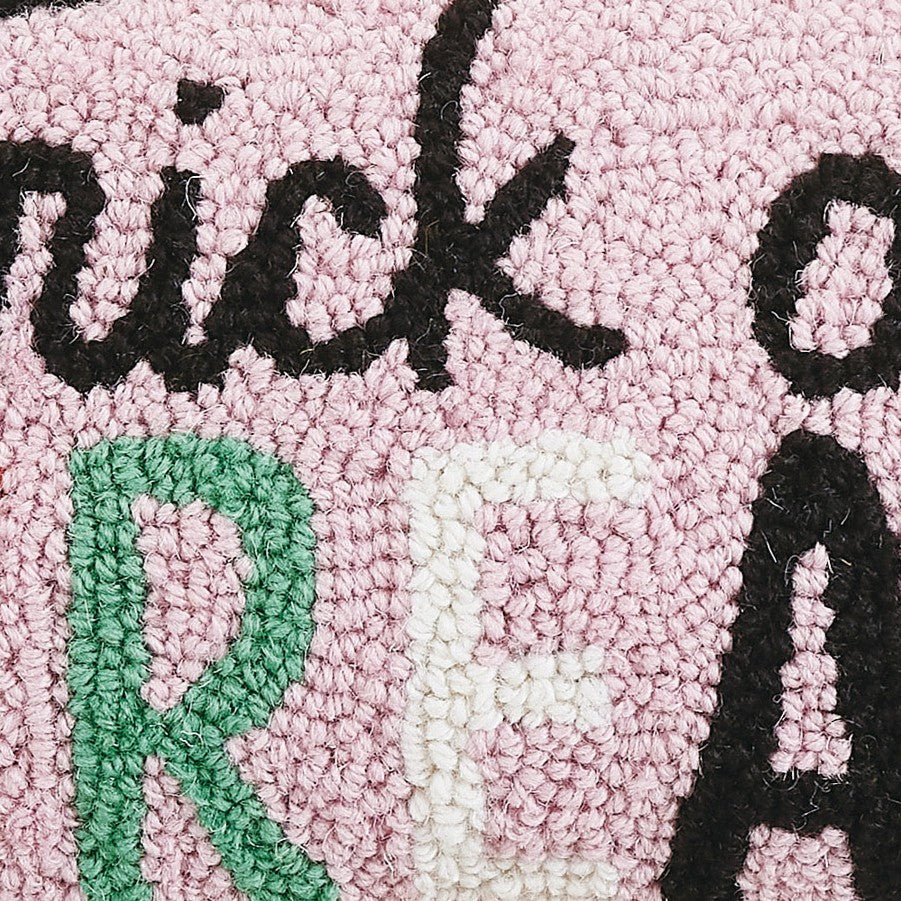 Pink Script Trick or Treat Hooked Wool Halloween Throw Pillow, close-up detail