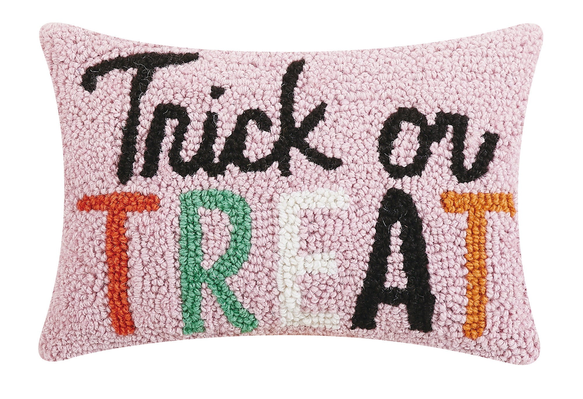 Pink Script Trick or Treat Hooked Wool Halloween Throw Pillow, 8x12 inch, front view