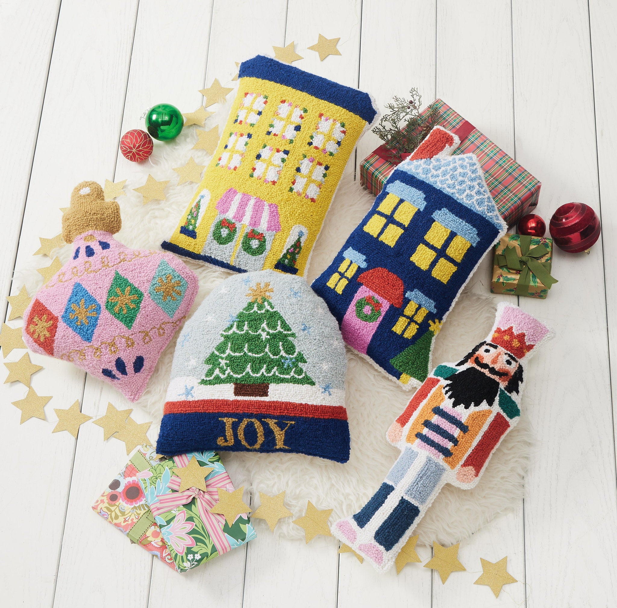 Pink Shaped Hooked Wool Christmas Throw Pillow shown alongside other designs in the same collection, 14x18 inch