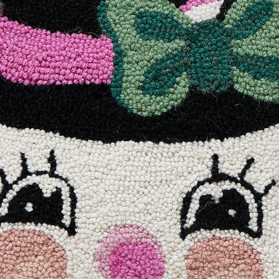 Pink Snowman Hooked Wool Christmas Throw Pillow 16x16, close-up detail