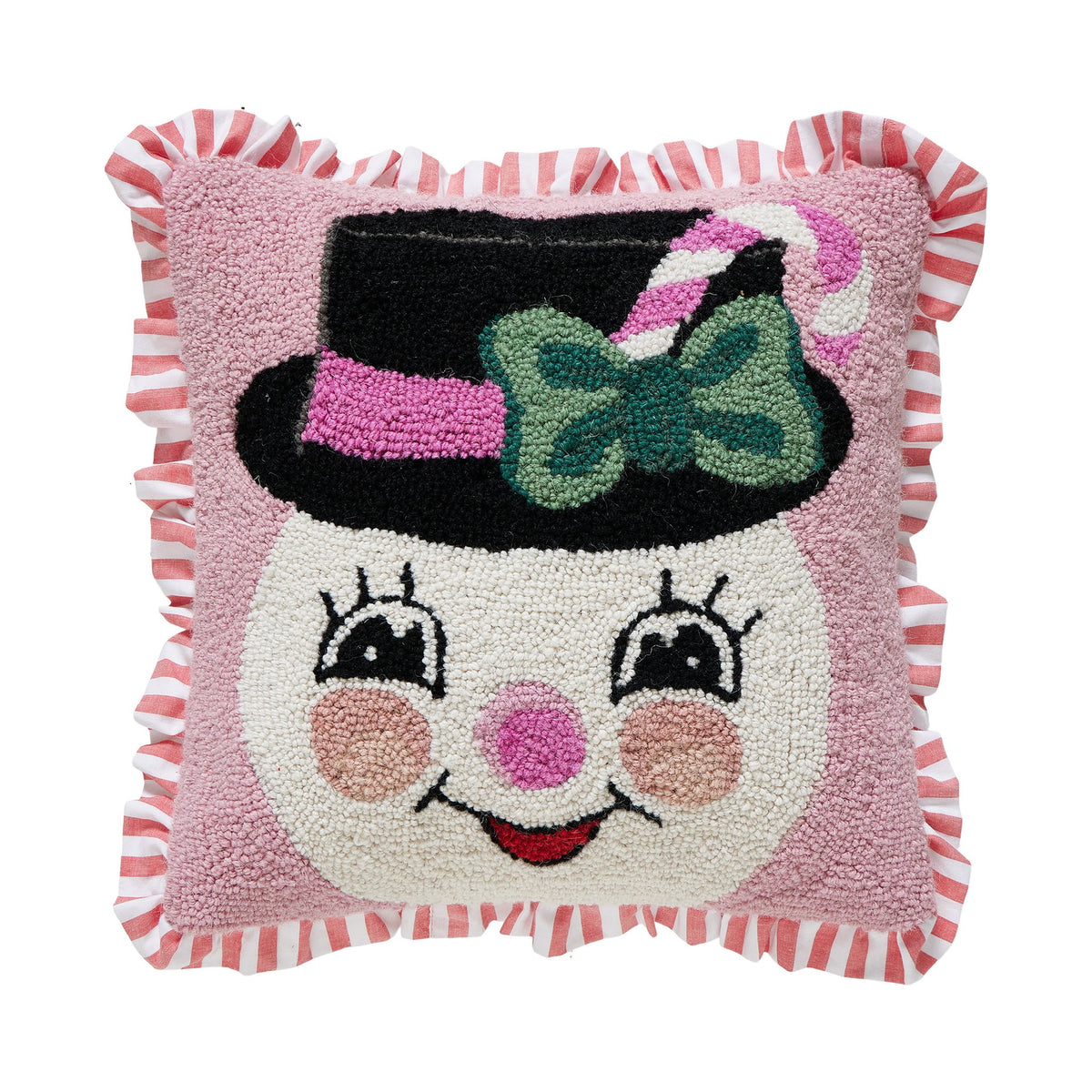 Pink Snowman Hooked Wool Christmas Throw Pillow 16x16, 16x16 inch, front view