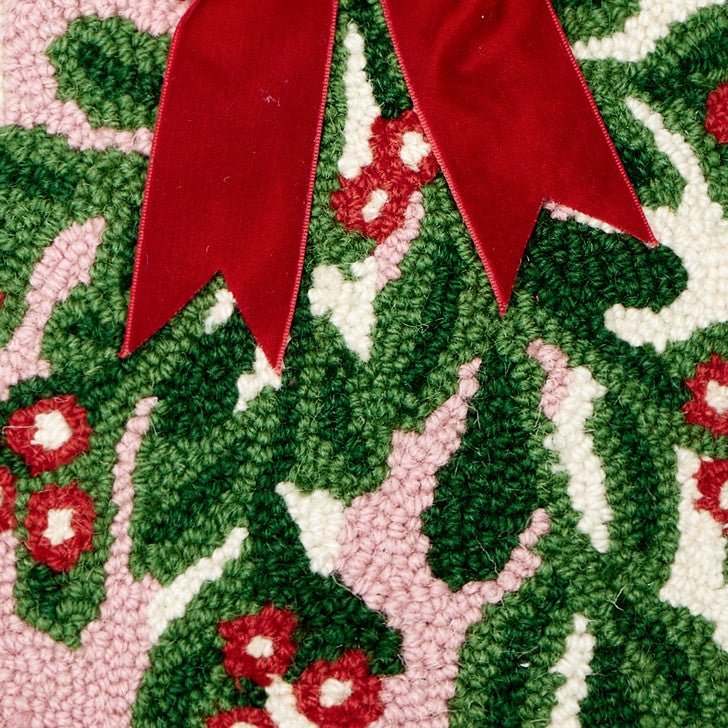 Pink Stripe Mistletoe with Ribbon Hooked Wool Christmas Throw Pillow, close-up detail