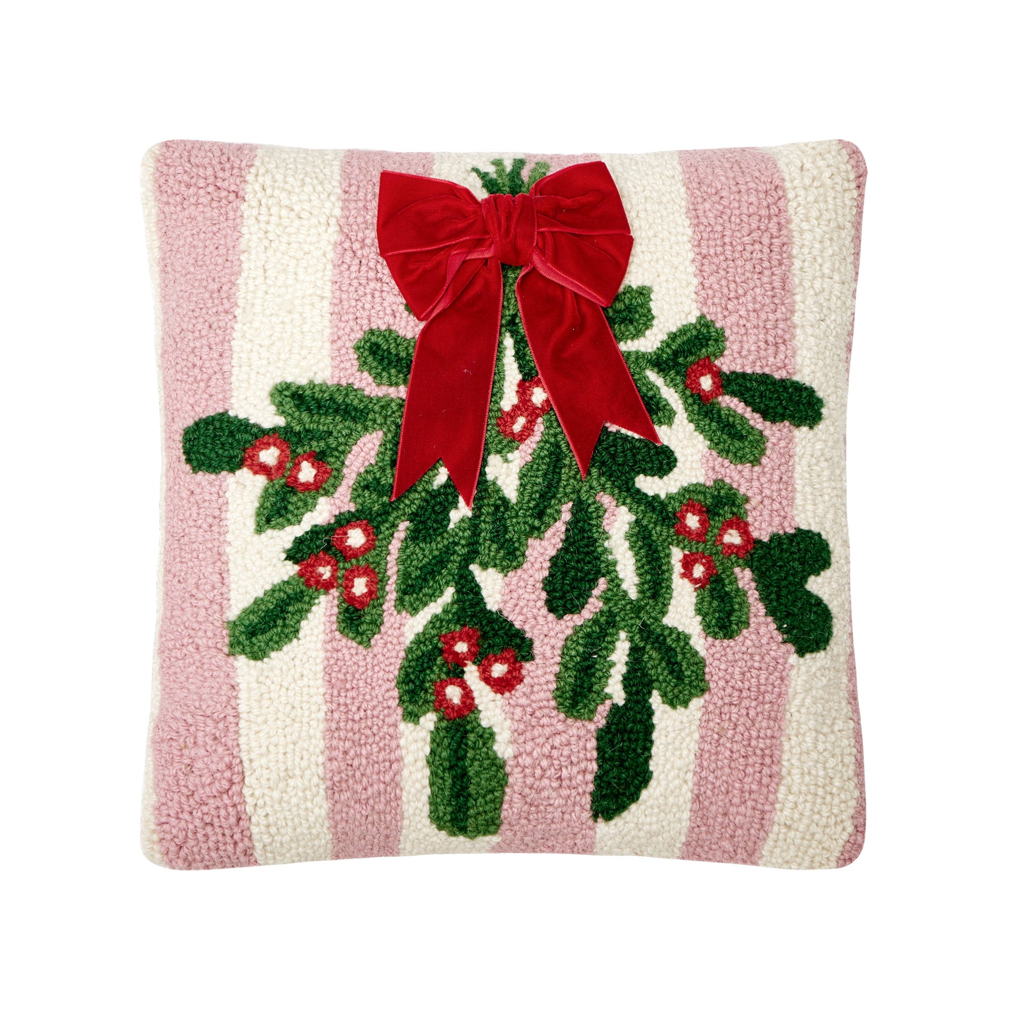 Pink Stripe Mistletoe with Ribbon Hooked Wool Christmas Throw Pillow, 14x14 inch, front view