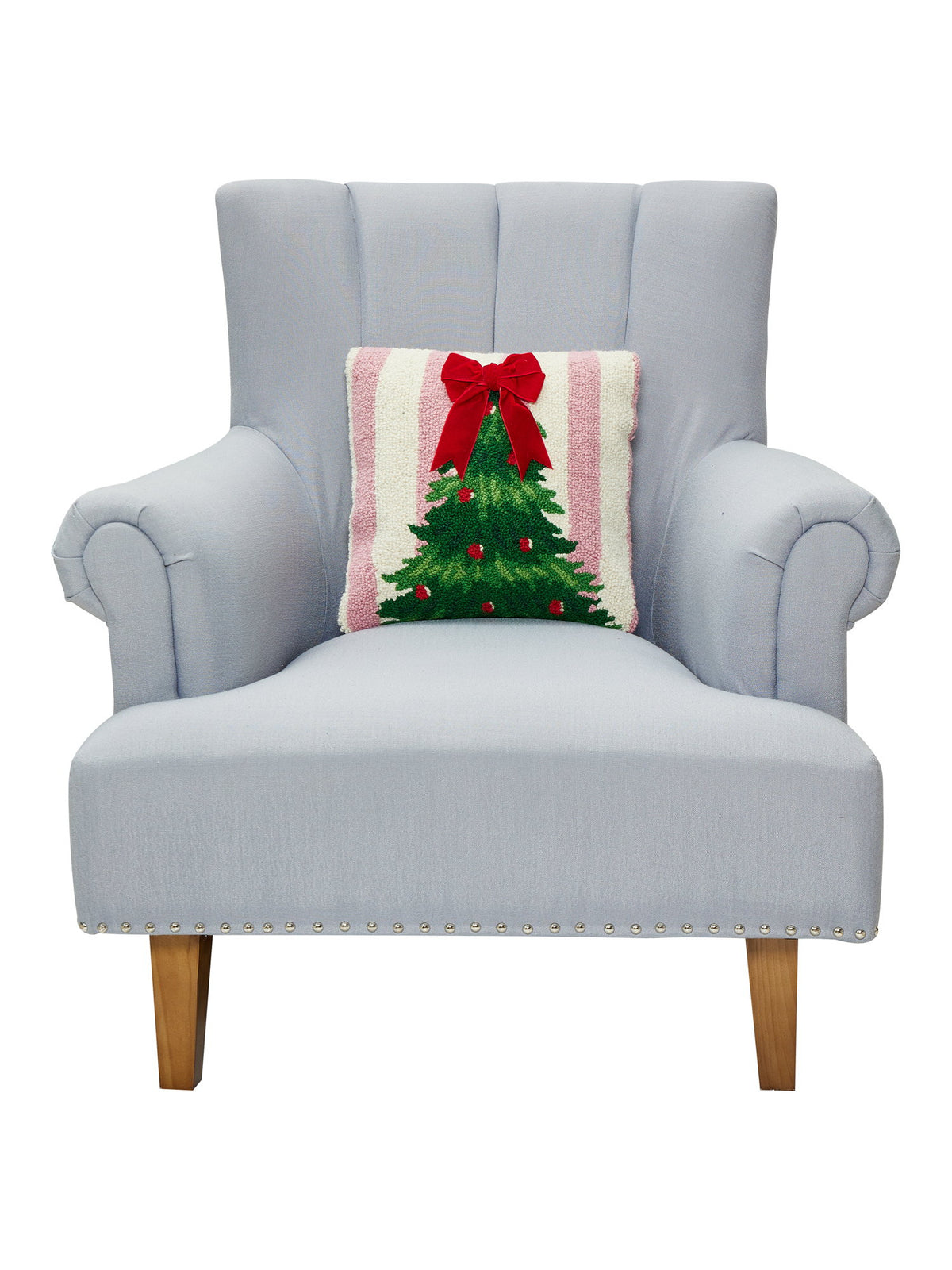 Pink Stripe Tree with Ribbon Hooked Wool Christmas Throw Pillow on an armchair, showing the throw pillow at room scale, 14x14 inch