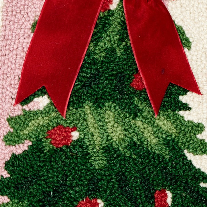 Pink Stripe Tree with Ribbon Hooked Wool Christmas Throw Pillow, close-up detail