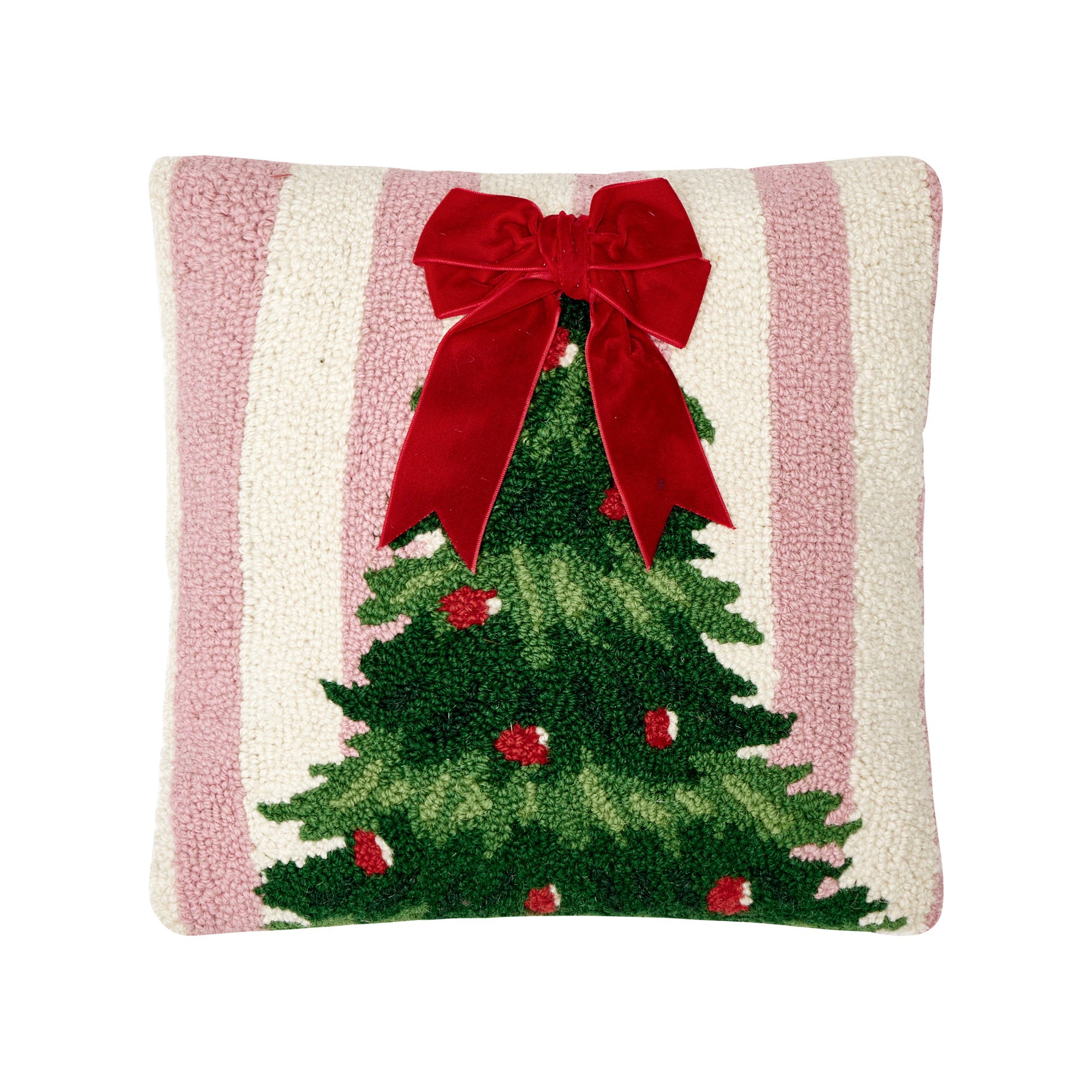 Pink Stripe Tree with Ribbon Hooked Wool Christmas Throw Pillow, 14x14 inch, front view