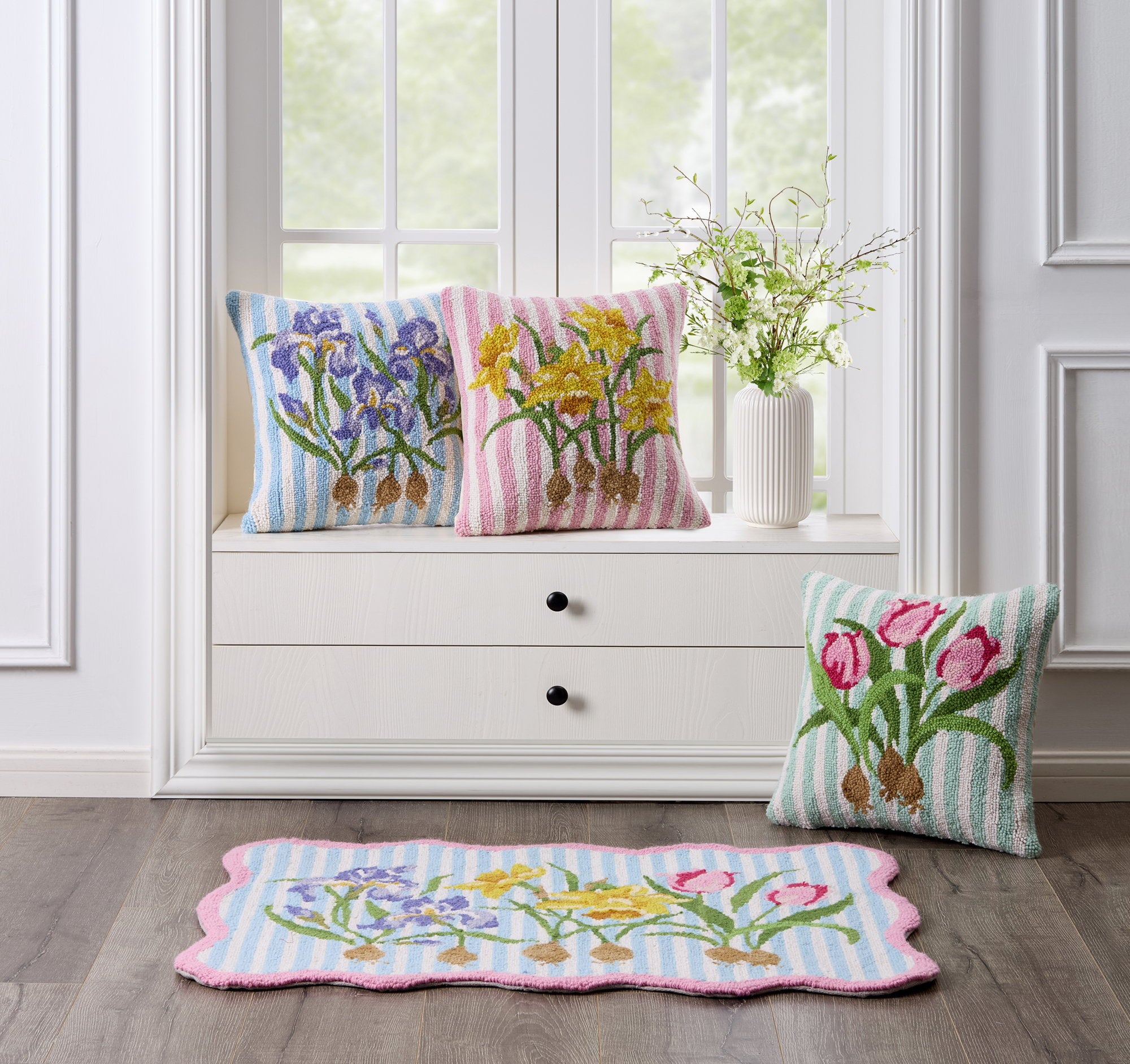 Pink Tulip Hooked Wool Throw Pillow shown alongside other designs in the same collection, 16x16 inch