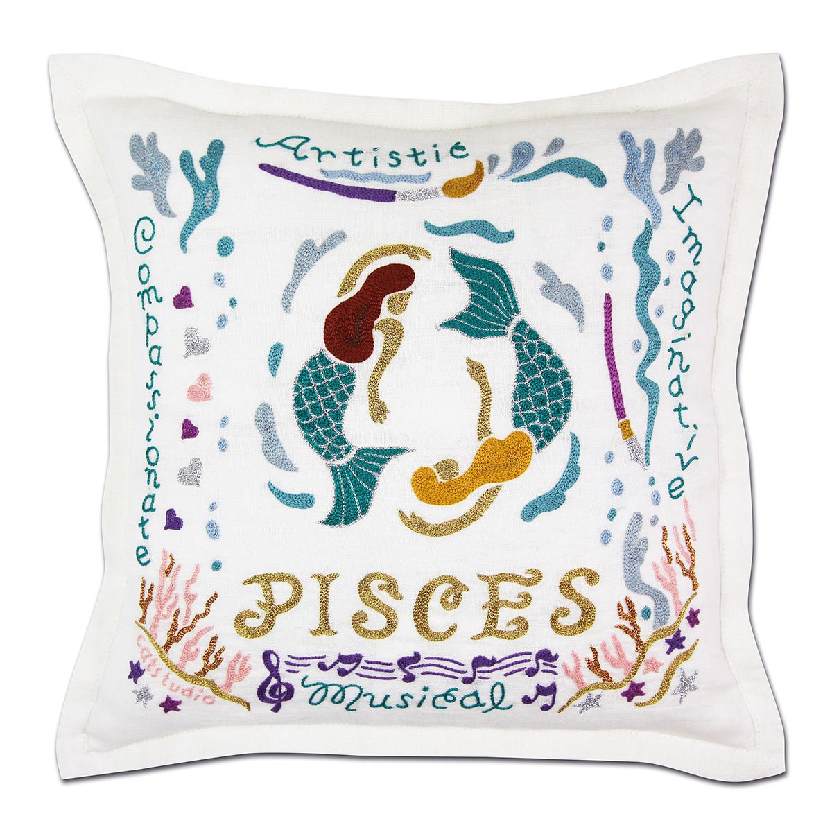 Pisces Astrology Zodiac hand-embroidered throw pillow showcasing iconic landmarks