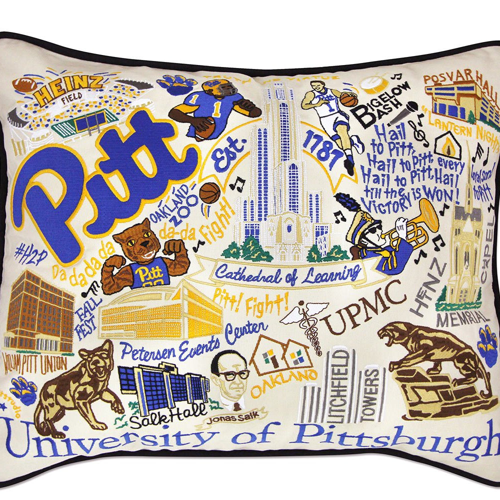 Pittsburgh Panthers hand-embroidered throw pillow featuring school colors and mascot imagery