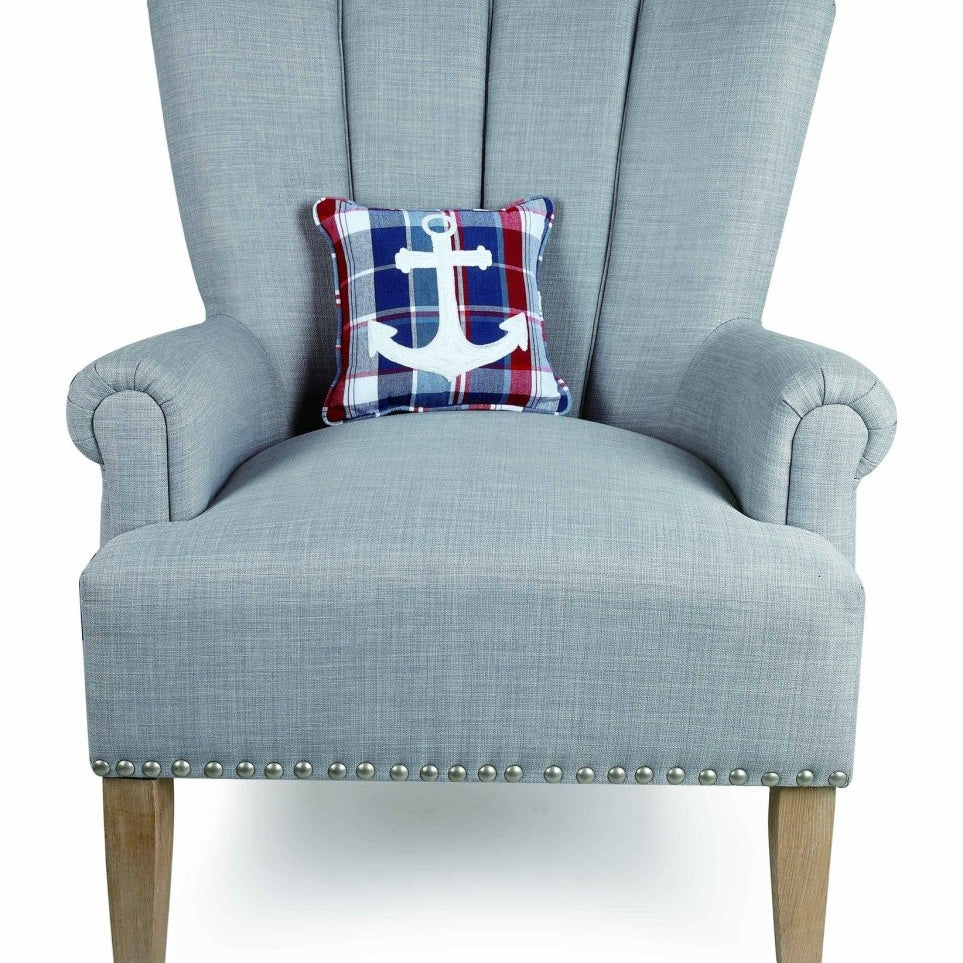 Plaid Anchor Embroidered Throw Pillow on an armchair, showing the throw pillow at room scale, 10x10 inch