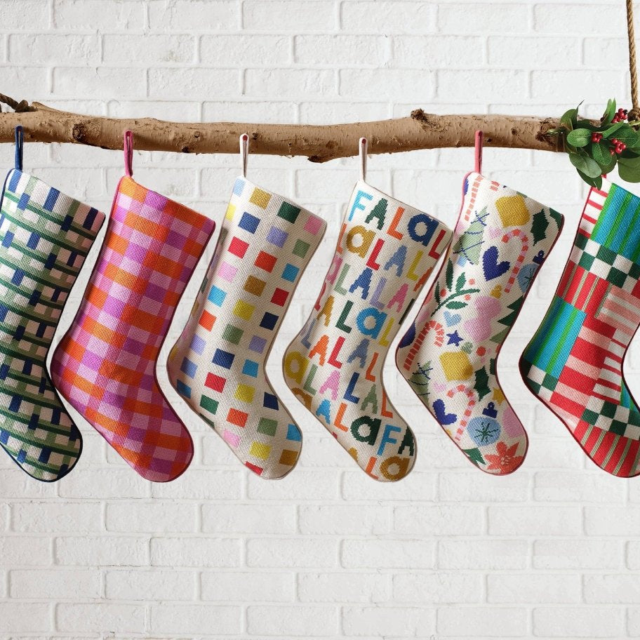 Plaid Blue Embroidered Needlepoint Christmas Stocking shown alongside other designs in the same collection, 11x18 inch