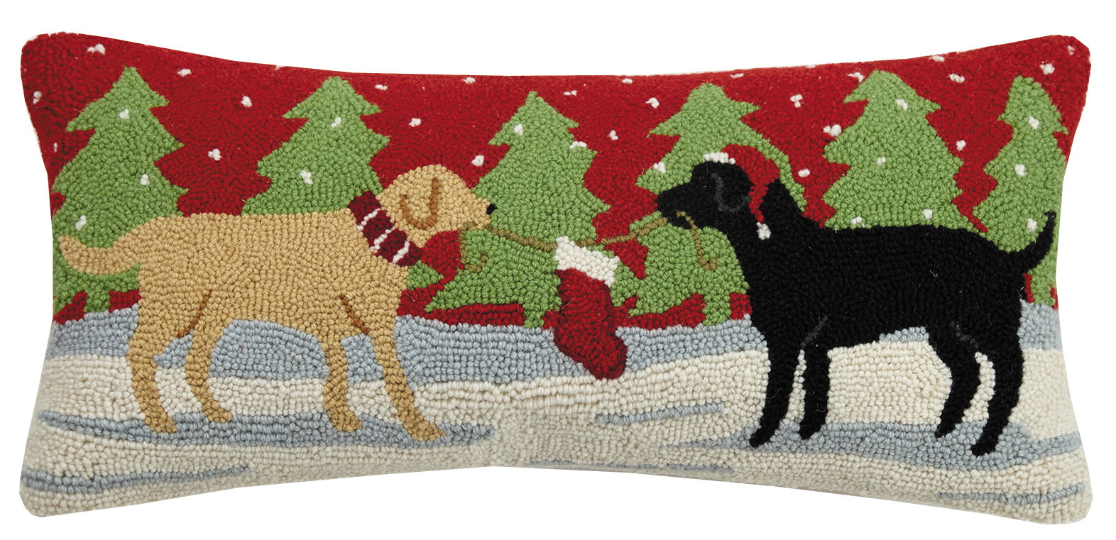 Playful Christmas Dogs Hooked Wool Throw Pillow, 12x26 inch, front view