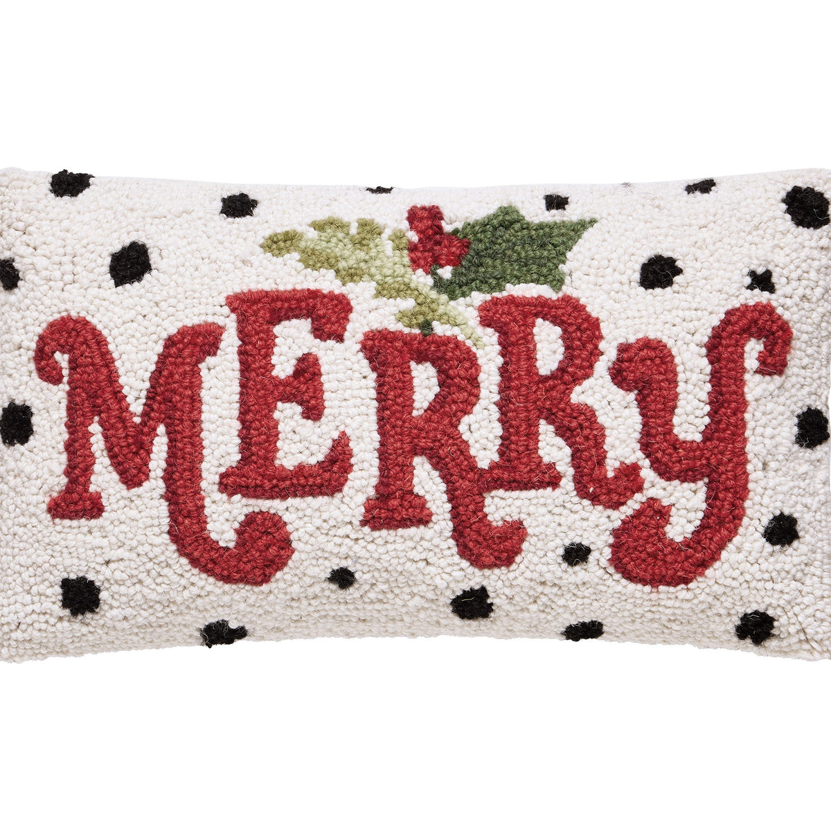 Polka Merry Hooked Wool Christmas Throw Pillow, close-up detail