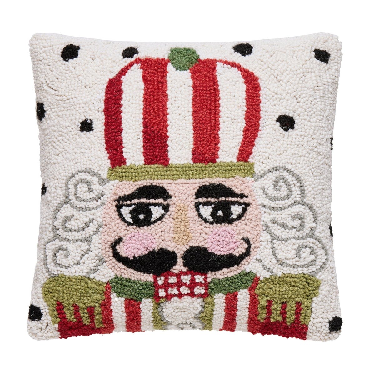 Polka Nutcracker Hooked Wool Christmas Throw Pillow, 14x14 inch, front view