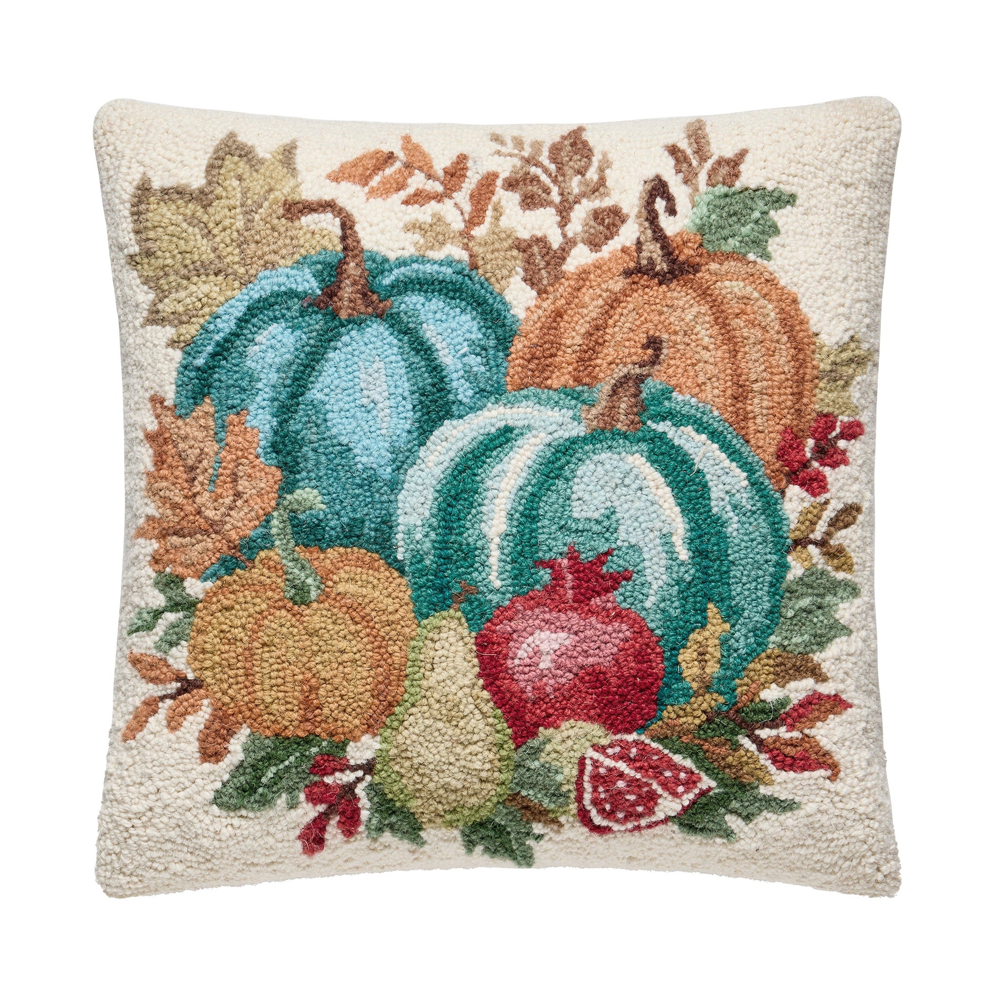 Pomegranate Teal Harvest Hooked Wool Fall Harvest Throw Pillow, 18x18 inch, front view