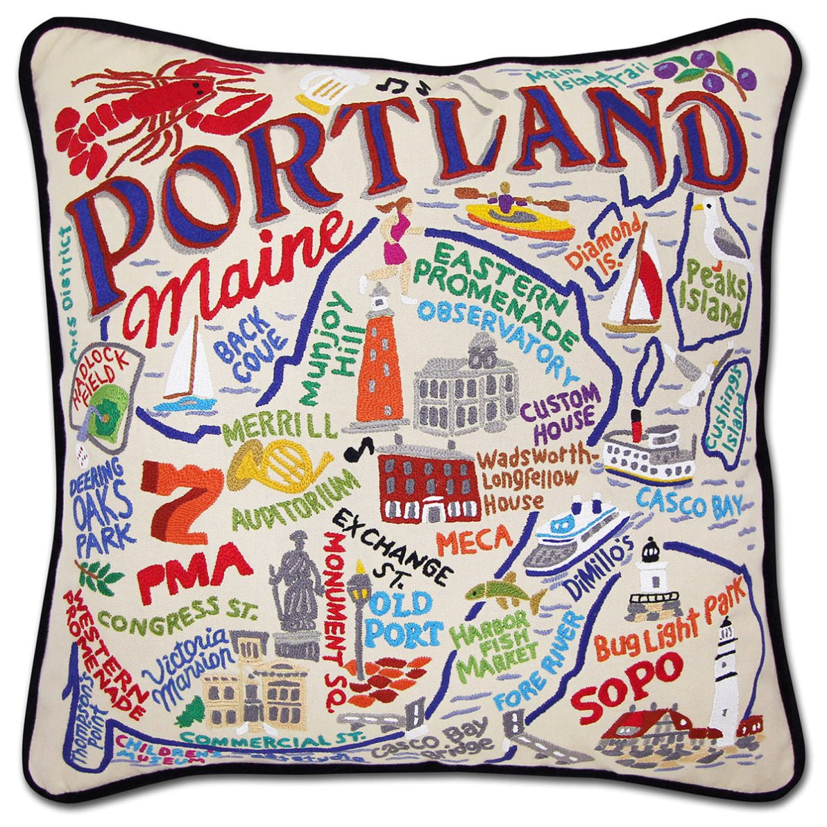 Portland, ME Lighthouse City hand-embroidered throw pillow showcasing iconic landmarks