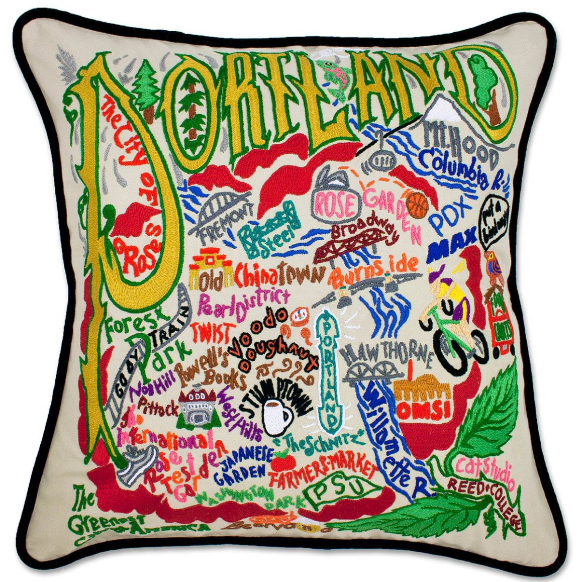 Portland, OR Rose City hand-embroidered throw pillow showcasing iconic landmarks