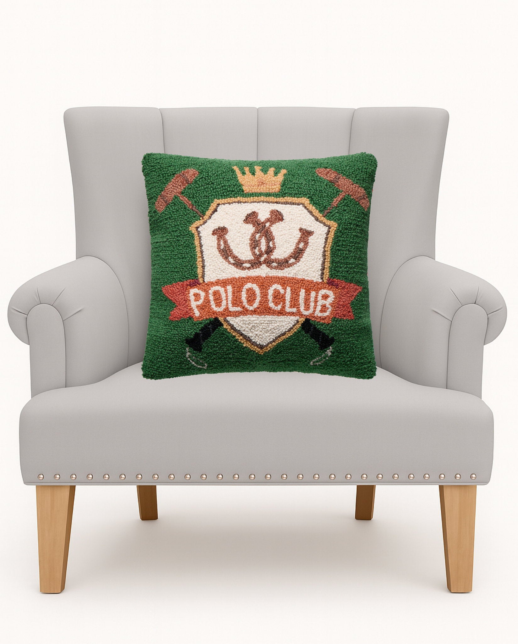 Preppy Palm Tree Hooked Wool Throw Pillow on an armchair, showing the throw pillow at room scale, 16x16 inch