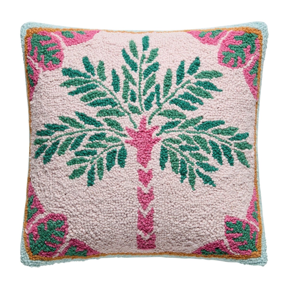 Preppy Palm Tree Hooked Wool Throw Pillow, 16x16 inch, front view