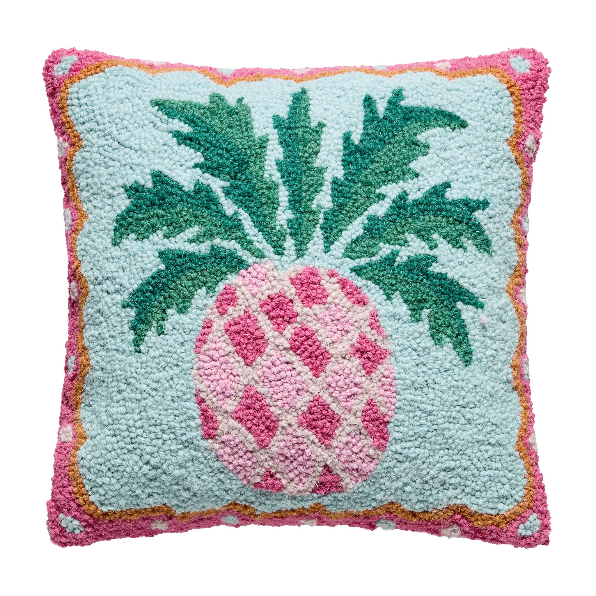 Preppy Pineapple Hooked Wool Throw Pillow, 14x14 inch, front view